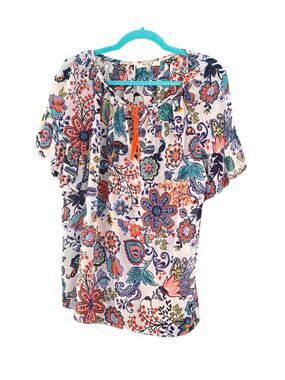 Milly Womans Peasant Top Size L Colorful Semi sheer Top Blouse Tassle Tie Shirt